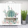 Green Pink White Flowers Tropical Plants Shower Curtain, Succulent Cactus Fabric Bathroom Decor