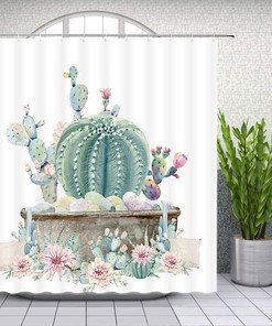 Green Pink White Flowers Tropical Plants Shower Curtain, Succulent Cactus Fabric Bathroom Decor
