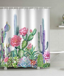 Green Pink White Flowers Tropical Plants Shower Curtain, Succulent Cactus Fabric Bathroom Decor