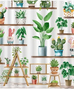 Green Plant Farmhouse Shower Curtain with Bohemian Potted Plants for Nature Lovers
