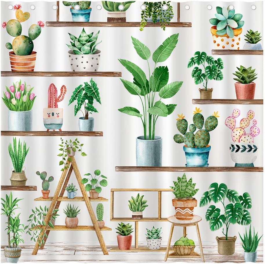 Green Plant Farmhouse Shower Curtain with Bohemian Potted Plants for Nature Lovers