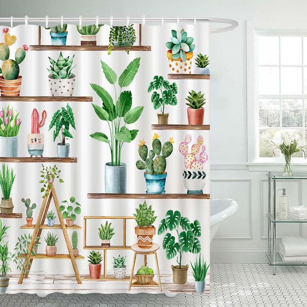 Green Plant Farmhouse Shower Curtain with Bohemian Potted Plants for Nature Lovers
