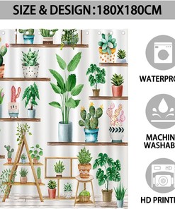Green Plant Farmhouse Shower Curtain with Bohemian Potted Plants for Nature Lovers