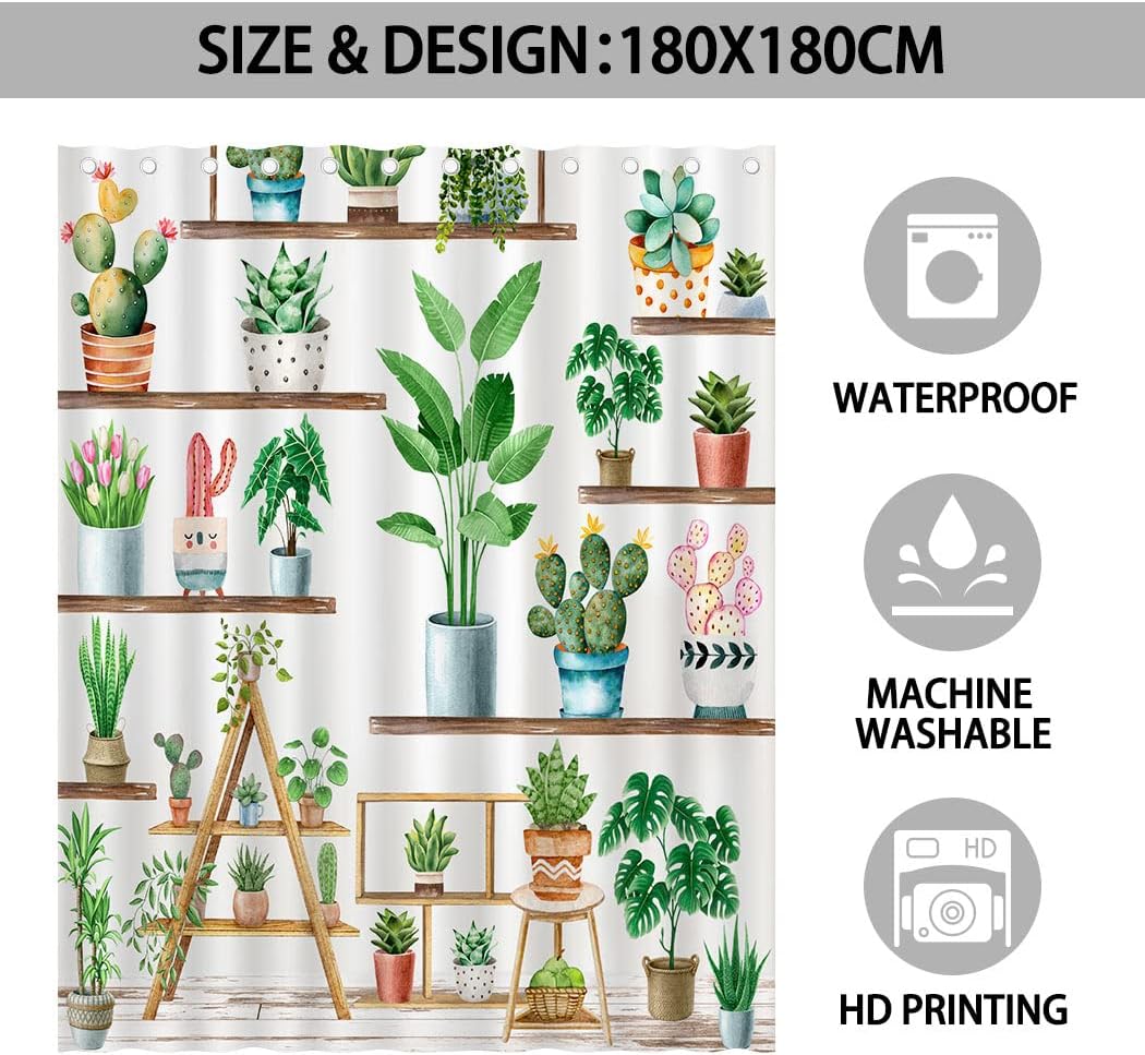 Green Plant Farmhouse Shower Curtain with Bohemian Potted Plants for Nature Lovers