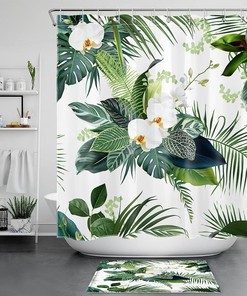 Green Plant and Floral Shower Curtain - LB Tropical Palm Leaf White Orchid Flower Bathroom Decor