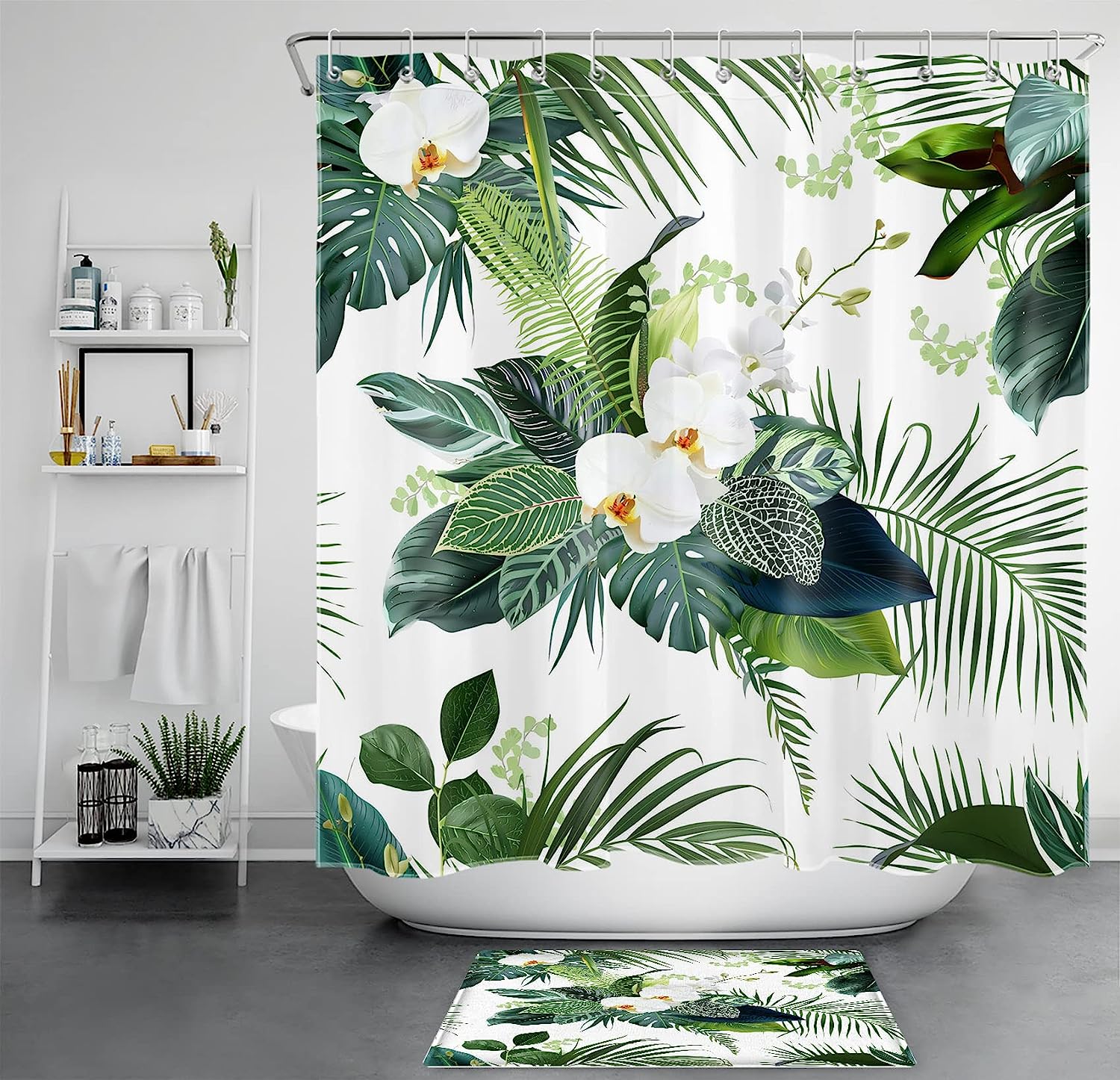Green Plant and Floral Shower Curtain - LB Tropical Palm Leaf White Orchid Flower Bathroom Decor