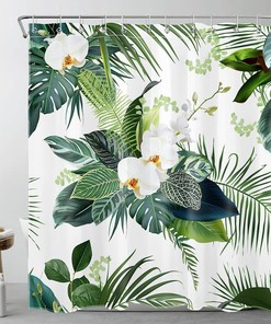 Green Plant and Floral Shower Curtain - LB Tropical Palm Leaf White Orchid Flower Bathroom Decor