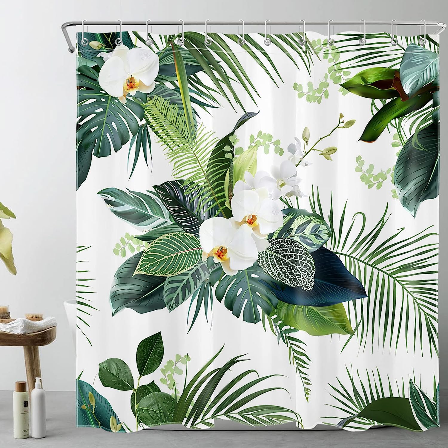 Green Plant and Floral Shower Curtain - LB Tropical Palm Leaf White Orchid Flower Bathroom Decor