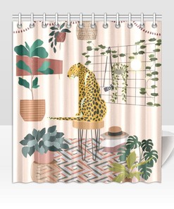 Green Plants Leopard Shower Curtain, Botanical Bathroom Decor