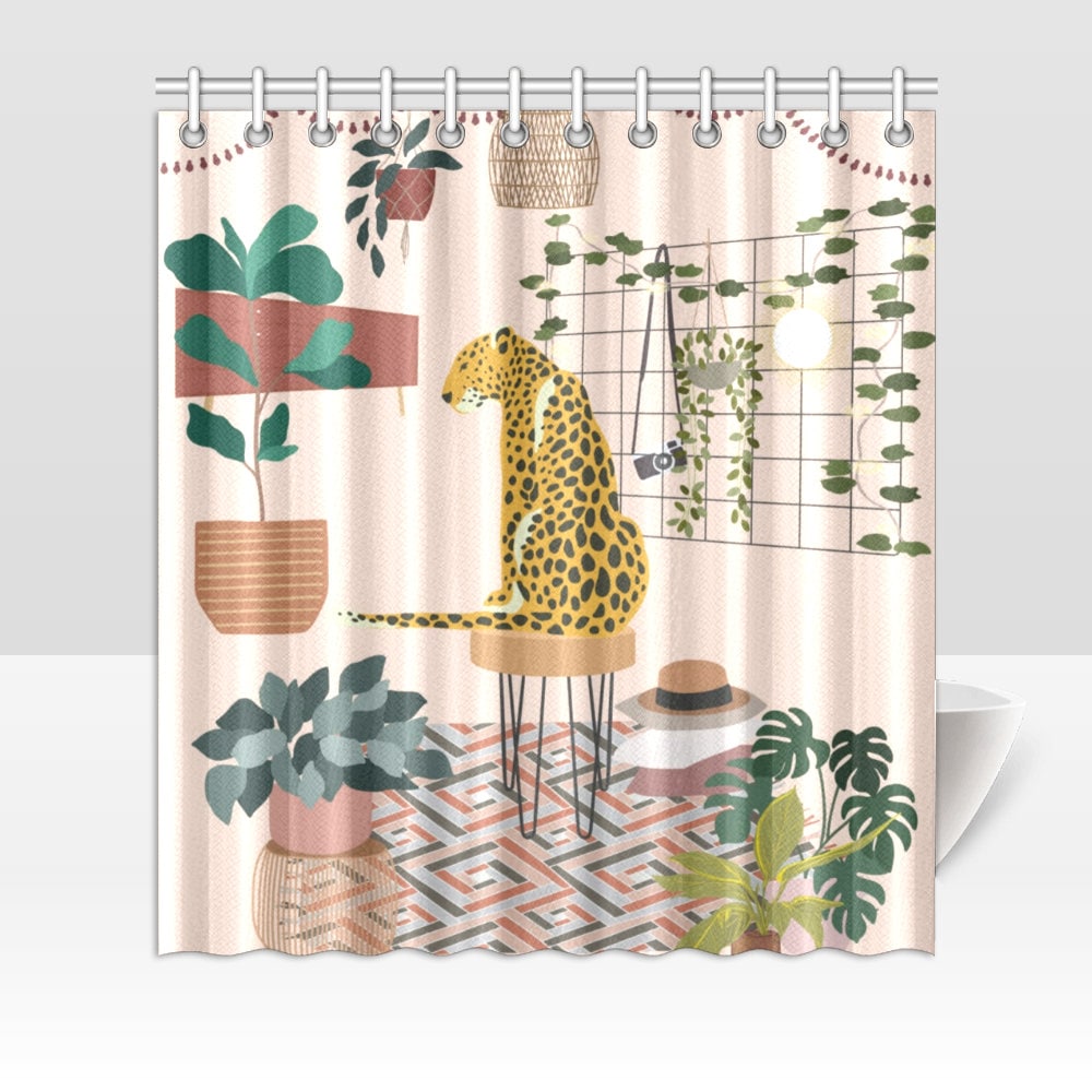Green Plants Leopard Shower Curtain, Botanical Bathroom Decor