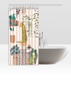 Green Plants Leopard Shower Curtain, Botanical Bathroom Decor