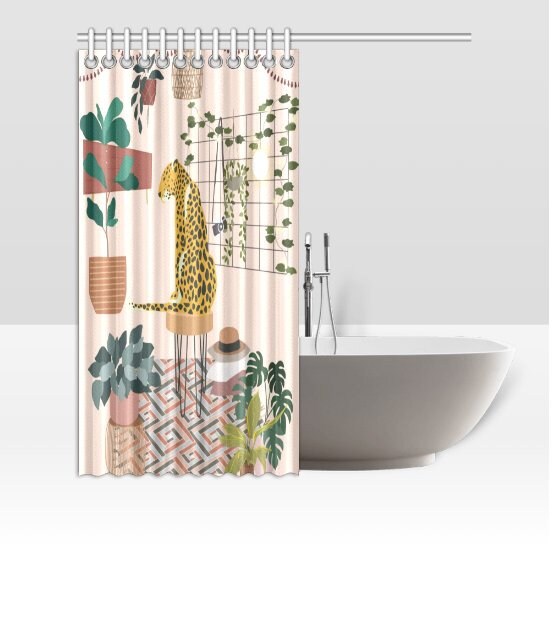 Green Plants Leopard Shower Curtain, Botanical Bathroom Decor