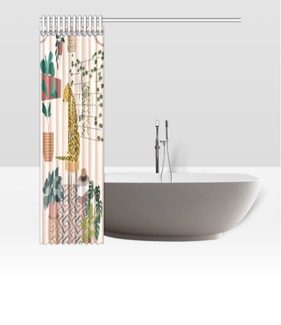 Green Plants Leopard Shower Curtain, Botanical Bathroom Decor