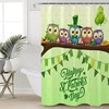 Green Polka Dot Owl Flag Balloon Clover Shower Curtain for a Quirky St Patrick's Day Bathroom