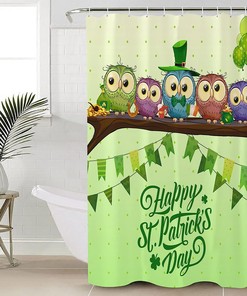 Green Polka Dot Owl Flag Balloon Clover Shower Curtain for a Quirky St Patrick's Day Bathroom