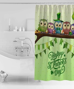 Green Polka Dot Owl Flag Balloon Clover Shower Curtain for a Quirky St Patrick's Day Bathroom