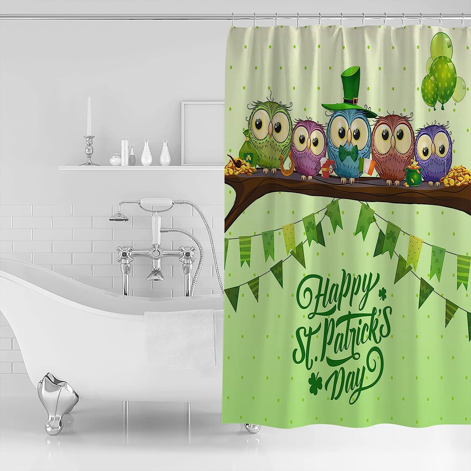 Green Polka Dot Owl Flag Balloon Clover Shower Curtain for a Quirky St Patrick's Day Bathroom