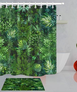 Green Rain Forest: Waterproof Shower Curtain with Leaf Pattern