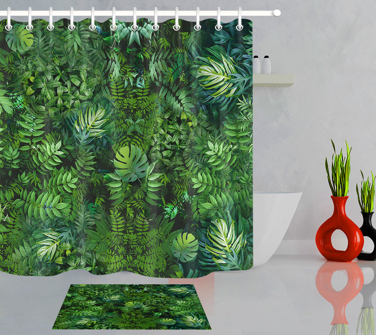 Green Rain Forest: Waterproof Shower Curtain with Leaf Pattern