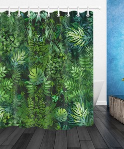 Green Rain Forest: Waterproof Shower Curtain with Leaf Pattern