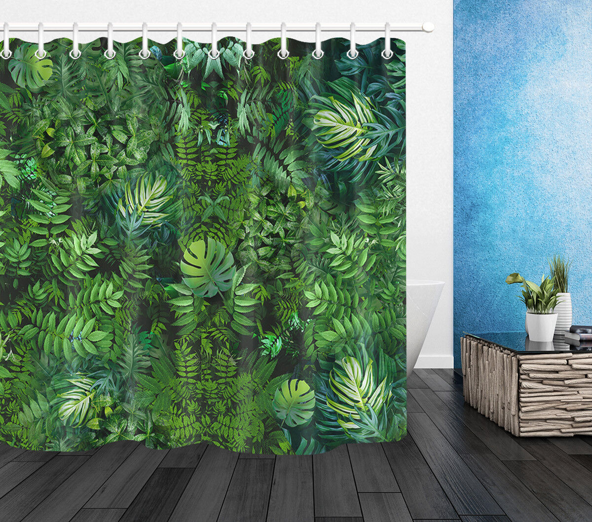 Green Rain Forest: Waterproof Shower Curtain with Leaf Pattern