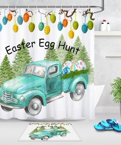 Green Retro Truck And Fir Trees Easter Rabbit Shower Curtain For Bathroom Decor