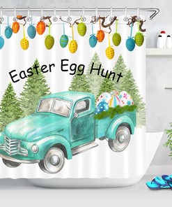 Green Retro Truck And Fir Trees Easter Rabbit Shower Curtain For Bathroom Decor