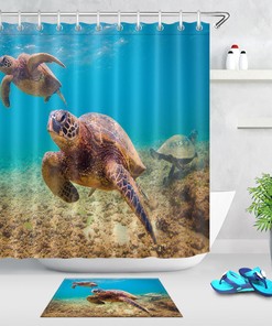 Green Sea Turtle Beach Shower Curtain, Cute And Waterproof Fabric For Bathroom Decor