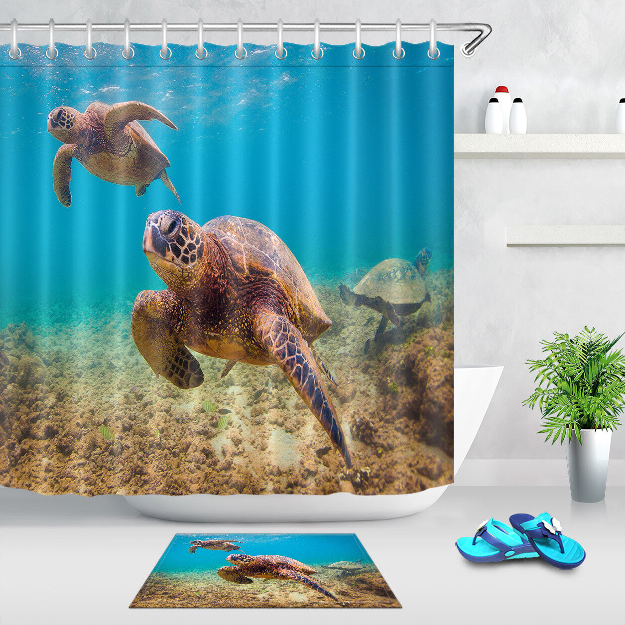 Green Sea Turtle Beach Shower Curtain, Cute And Waterproof Fabric For Bathroom Decor