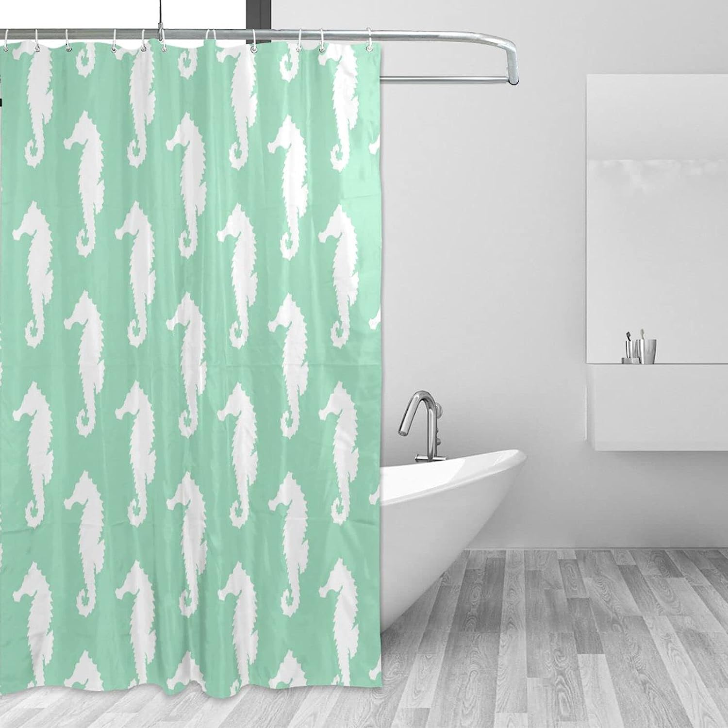 Green Seahorse Pattern Shower Curtain Modern Home Bathroom Hotel Spa Decorations Waterproof Fabric