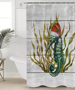Green Seaweed Seahorse With Christmas Hat Winter Holiday Xmas Decor Fabric Shower Curtain For Festive Bathroom Decor