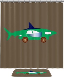 Green Shark Car Printed Bathroom Tub Set With Waterproof Fabric Shower Curtain