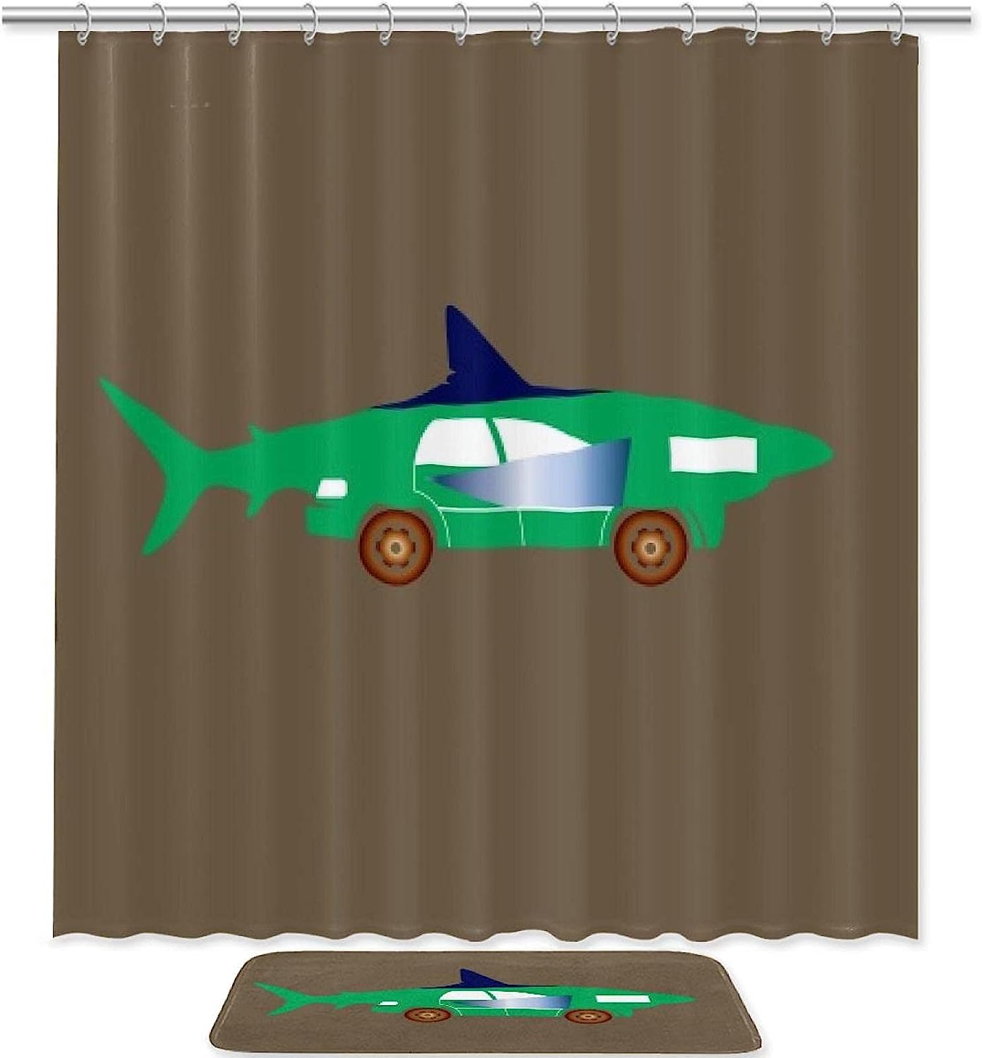 Green Shark Car Printed Bathroom Tub Set With Waterproof Fabric Shower Curtain