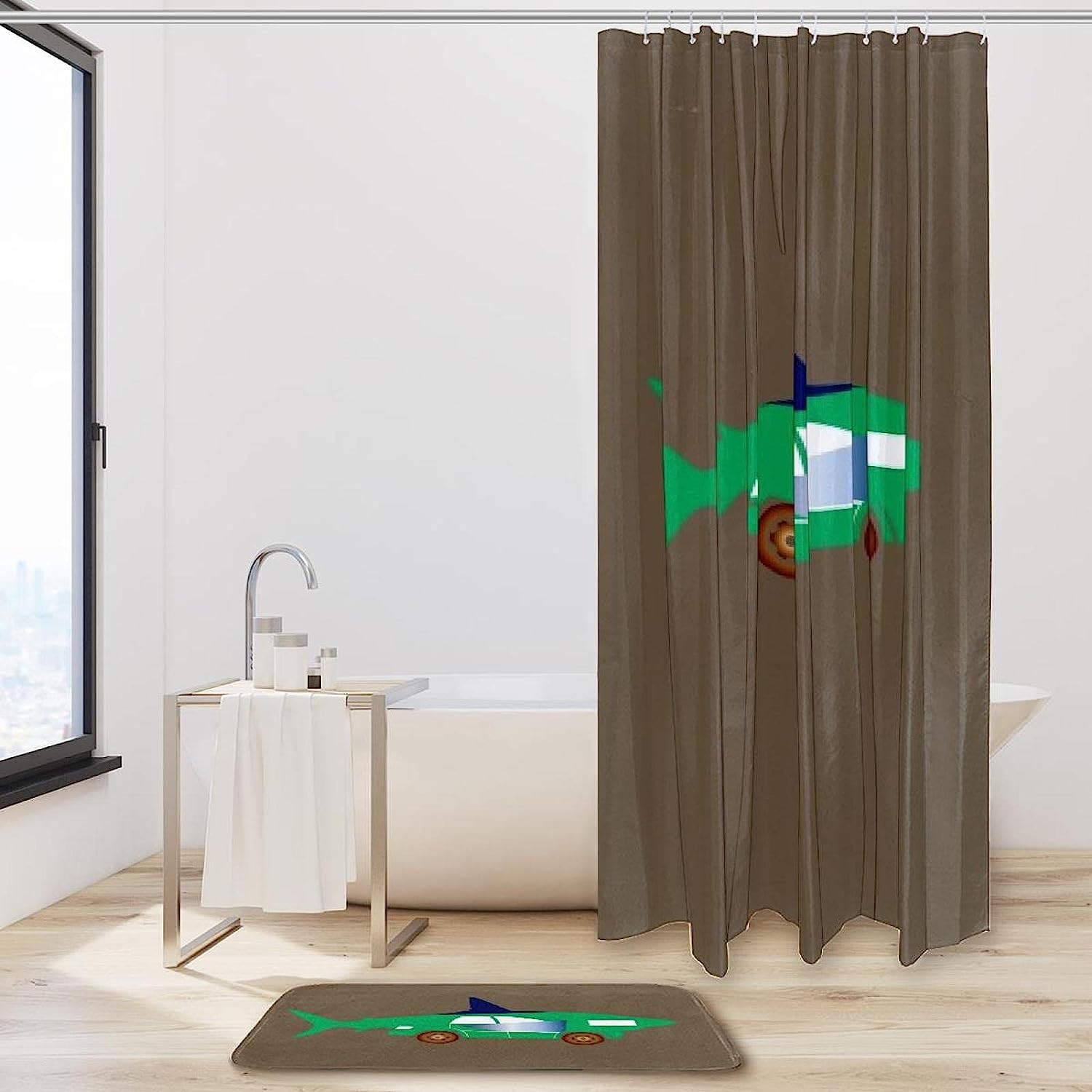 Green Shark Car Printed Bathroom Tub Set With Waterproof Fabric Shower Curtain - Image 2