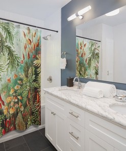 Green Shower Curtain Bathroom Art with Nature and Tropical Floral Print