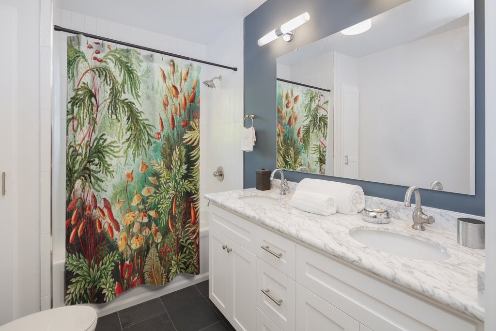 Green Shower Curtain Bathroom Art with Nature and Tropical Floral Print