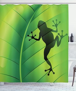 Green Silhouette Frog Shower Curtain, Macro Tropical Leaf Plant Wild Life Nature Illustration