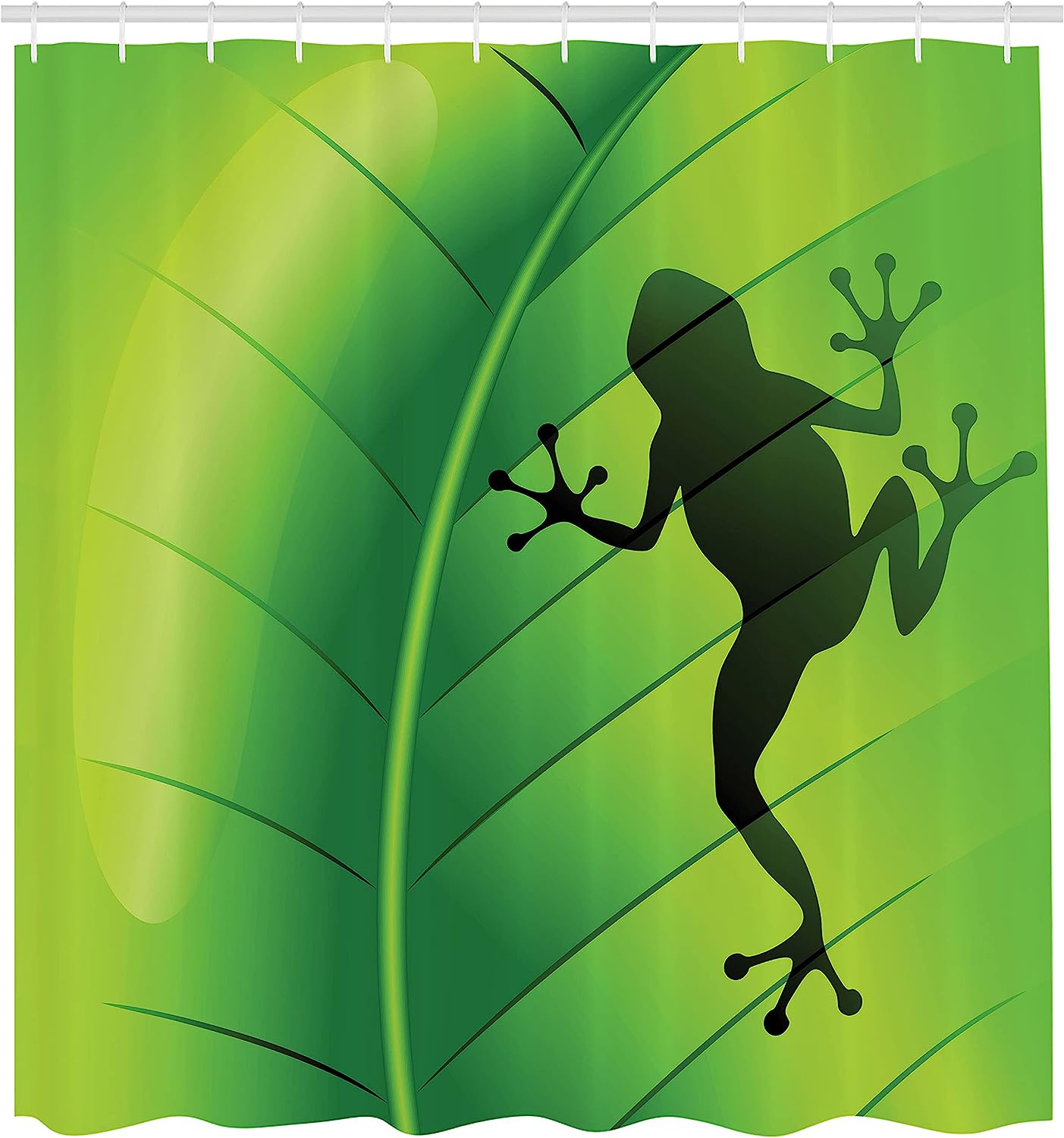 Green Silhouette Frog Shower Curtain, Macro Tropical Leaf Plant Wild Life Nature Illustration - Image 2