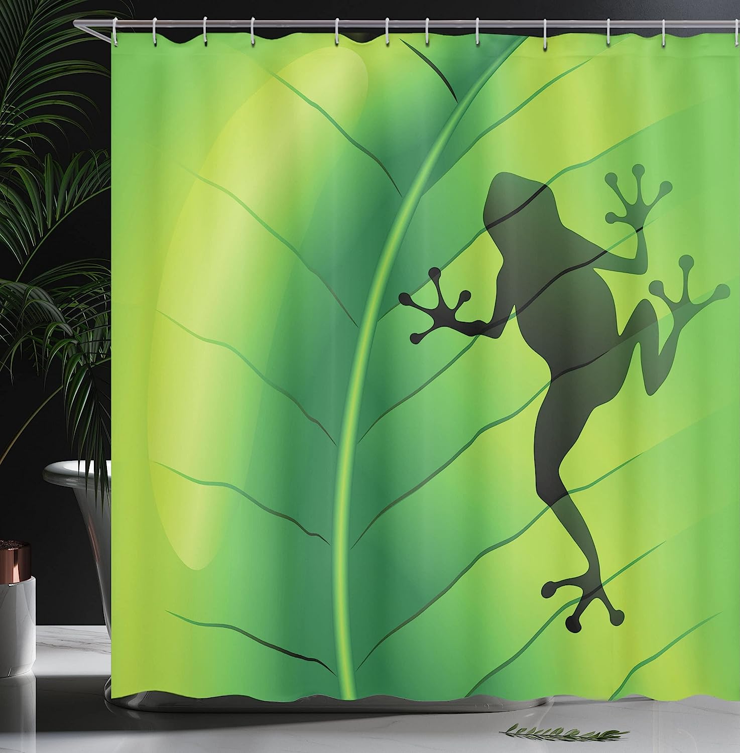 Green Silhouette Frog Shower Curtain, Macro Tropical Leaf Plant Wild Life Nature Illustration - Image 3