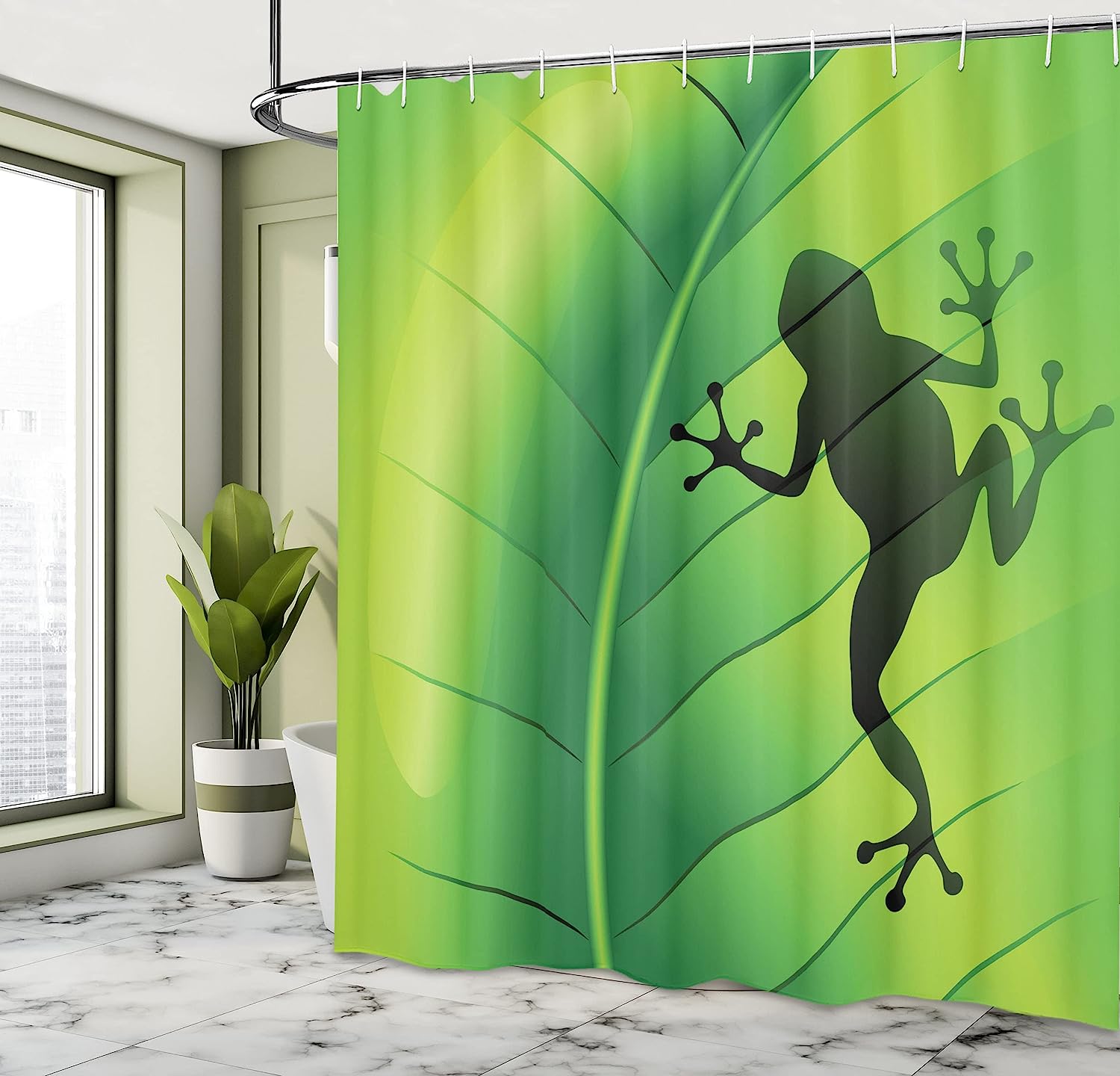 Green Silhouette Frog Shower Curtain, Macro Tropical Leaf Plant Wild Life Nature Illustration - Image 4
