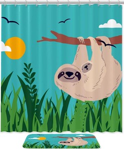Green Sloth Animal Print Shower Curtain, Relaxing and Soothing Bathroom Decor