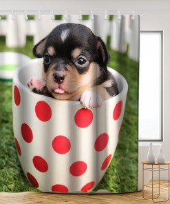 Green Snoopy Dog Shower Curtain - Spotted Cup Theme - Waterproof Washable Bathroom Decor