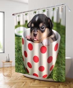 Green Snoopy Dog Shower Curtain - Spotted Cup Theme - Waterproof Washable Bathroom Decor