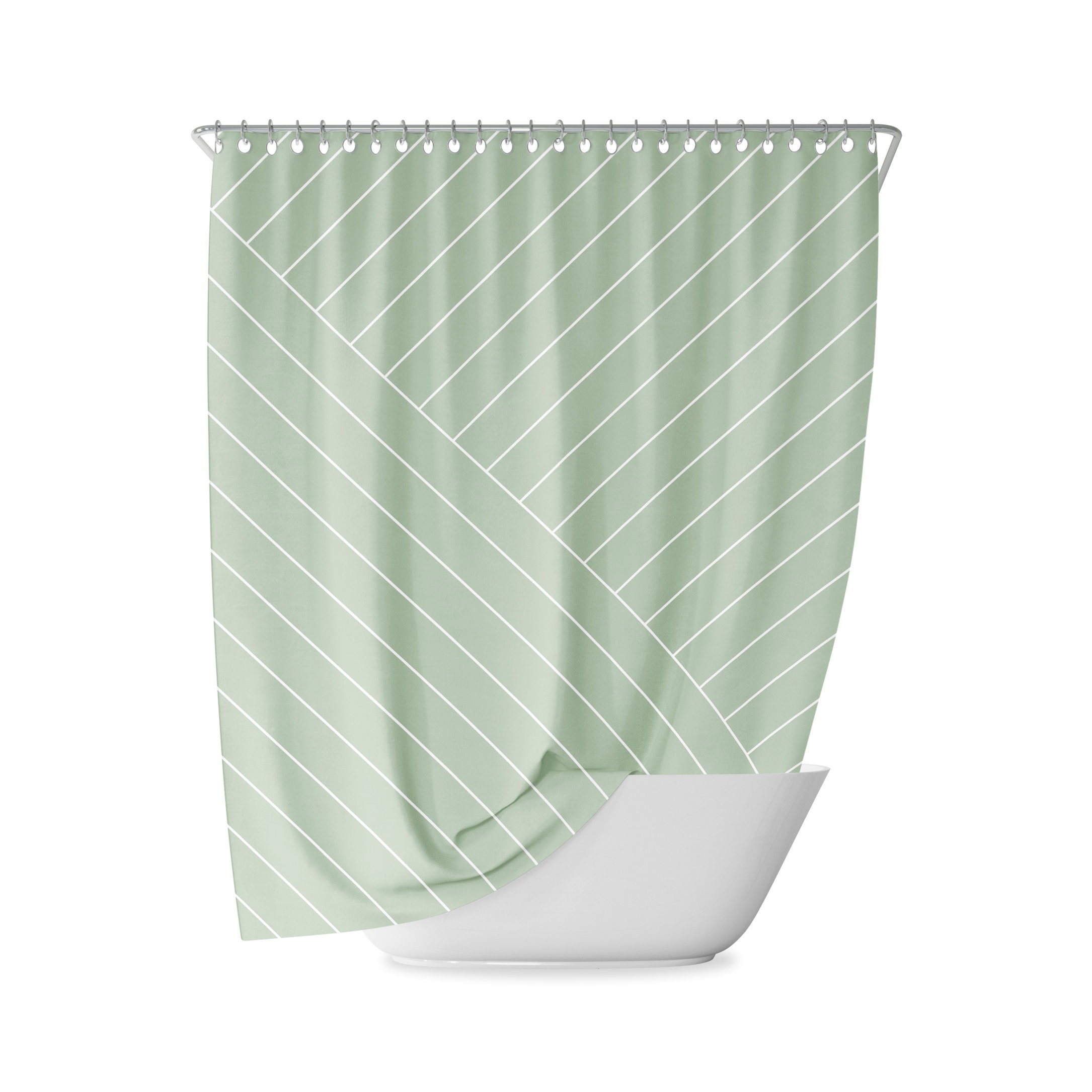 Green Soft Striped Nature Geometric Boho Shower Curtain For Modern Bathroom Decor