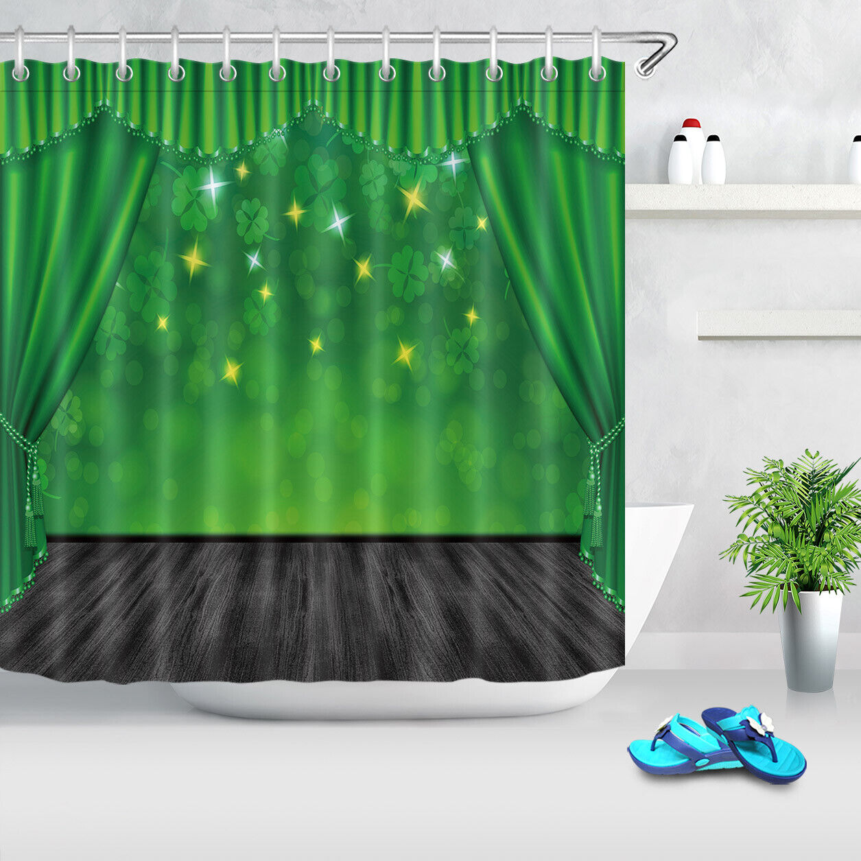 Green Stage Stars Clovers Shower Curtain for a Festive St Patrick's Day Bathroom Decor