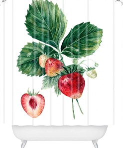 Green Strawberry Botanical Art Vintage Bathroom Shower Curtain by Anna Shell