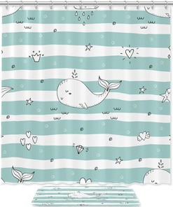 Green Stripe Whale Shower Curtain with Waterproof Bathroom Decors 