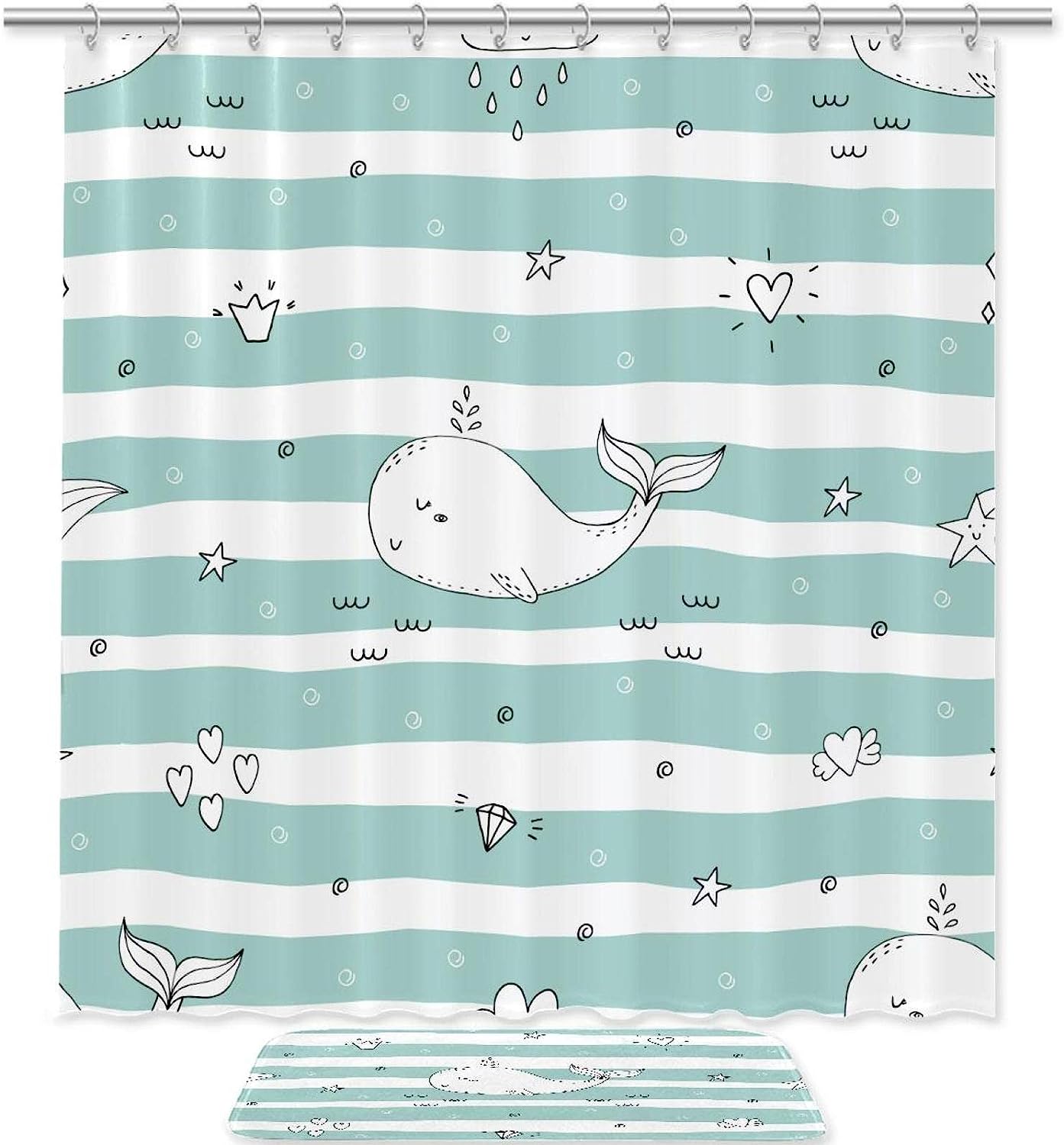 Green Stripe Whale Shower Curtain with Waterproof Bathroom Decors