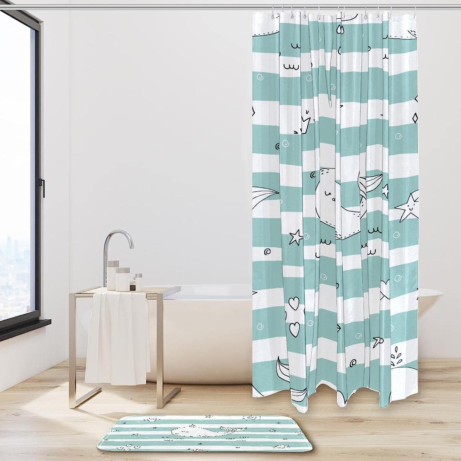 Green Stripe Whale Shower Curtain with Waterproof Bathroom Decors