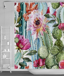 Green Succulent Floral Shower Curtain, Waterproof Bathroom Decor